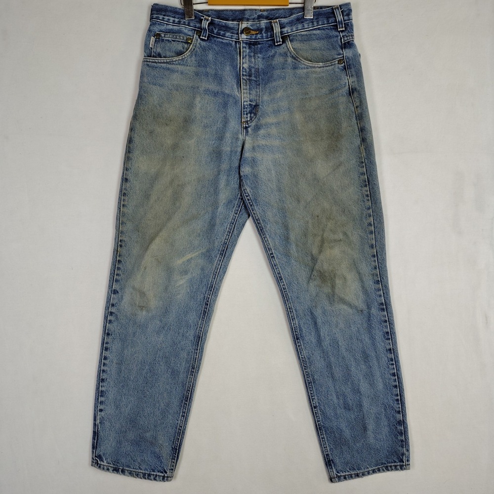Carhartt Mens Relaxed Fit Light Wash Distressed Denim Work Jeans Blue 36x30
